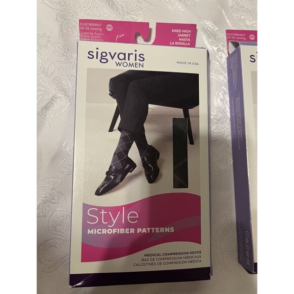 Sigvaris 20-30 MMHG Compression Knee High 832C Microfiber Womens Graphite Argyle - Picture 1 of 4